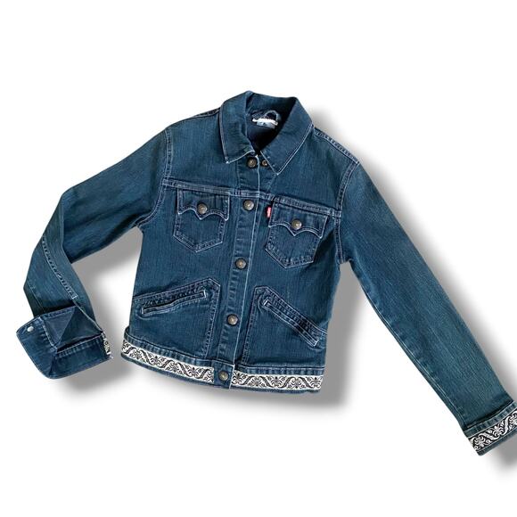 Girls Levi’s Denim Jean Trucker Jacket Hand Embellished Stretch Dark Wash Sz M - Picture 2 of 10